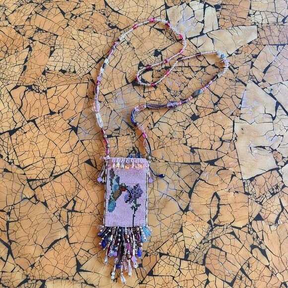 Hand Woven Bead Pouch Necklace Reversible Hummingbird Cat Cottage Boho Trinket - Picture 3 of 16